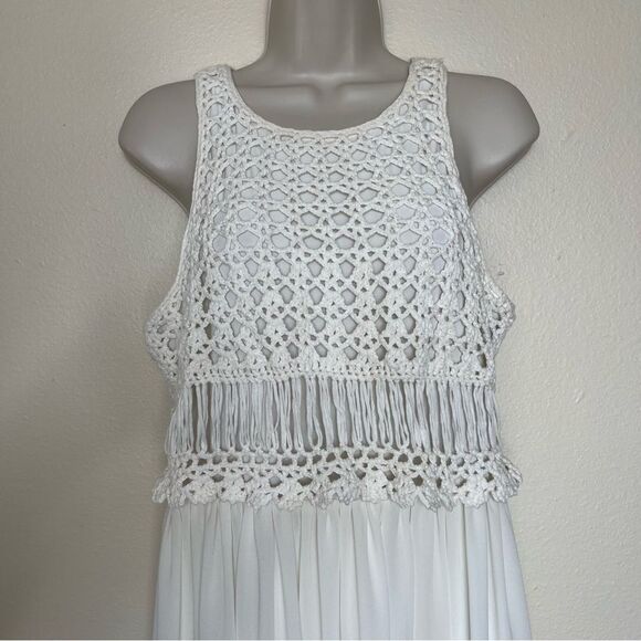Belle Badgley Mischka Crochet Lace Sleeveless Maxi Chiffon Ivory Dress 10 FLAWS - Picture 3 of 15